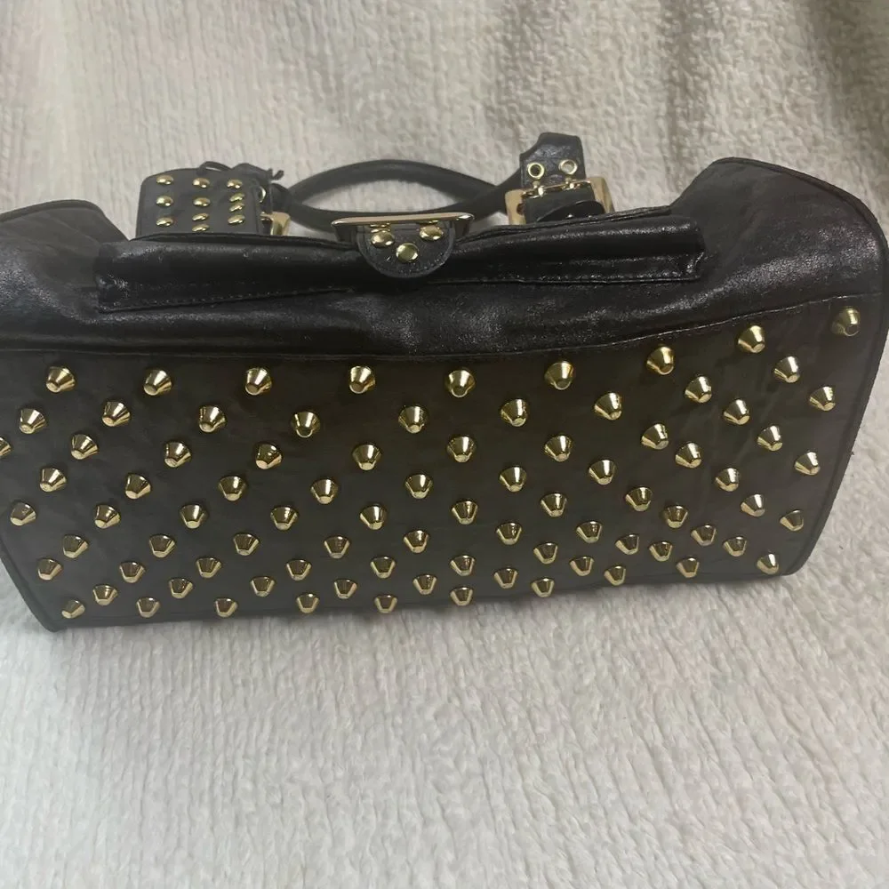 CMZ Stylish Synthetic Black Medium Satchel with Gold Studs Accents.